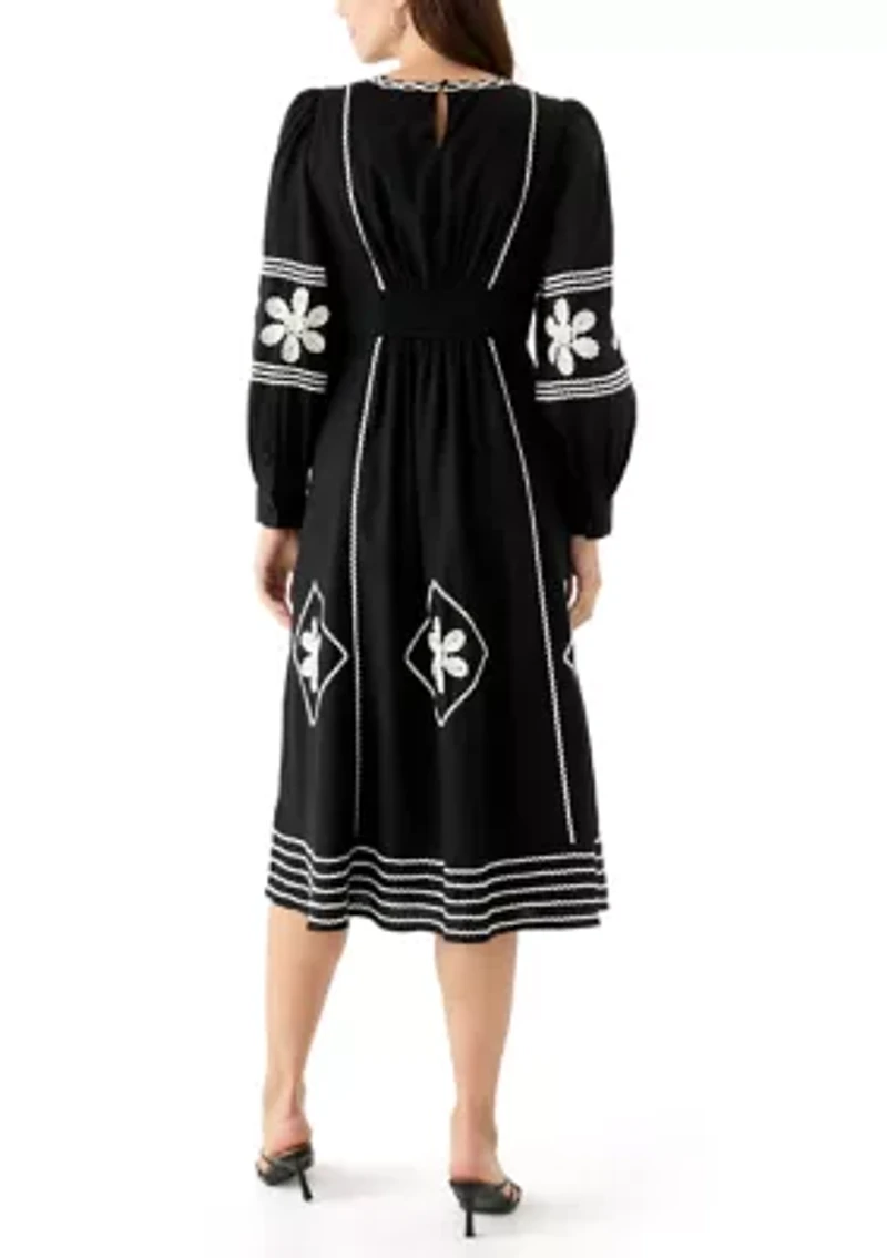 Women's Long Sleeve Embroidered Midi Dress