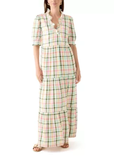 Women's Short Sleeve Smocked Ruffle Yarn Dyed Dress