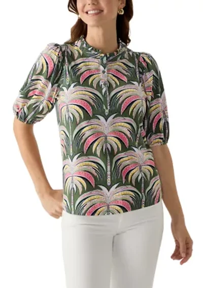 Women's Elbow Sleeve Button Front Printed Top