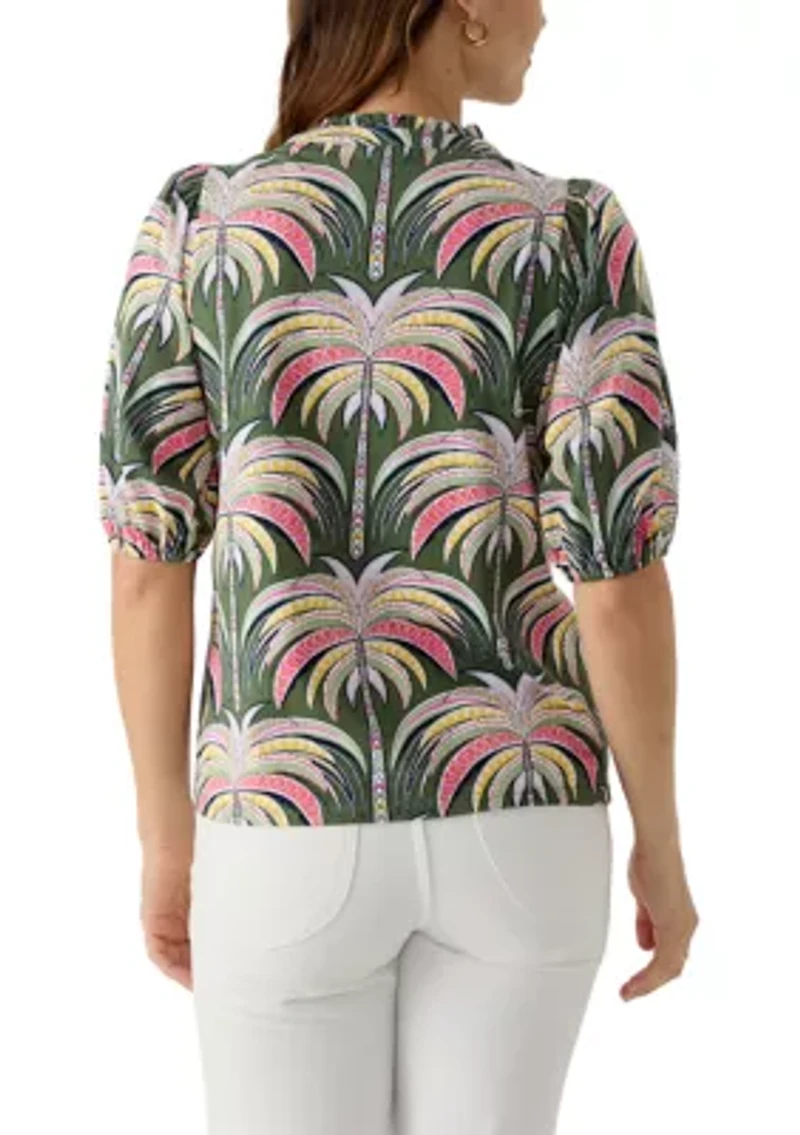 Women's Elbow Sleeve Button Front Printed Top