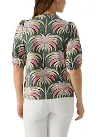 Women's Elbow Sleeve Button Front Printed Top