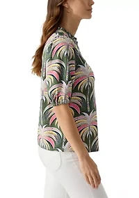 Women's Elbow Sleeve Button Front Printed Top