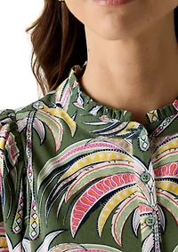Women's Elbow Sleeve Button Front Printed Top