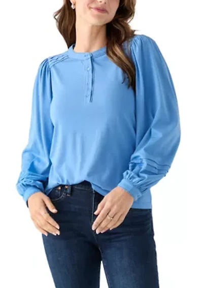 Women's Long Sleeve Pintuck Henley Solid Blouse