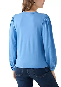 Women's Long Sleeve Pintuck Henley Solid Blouse