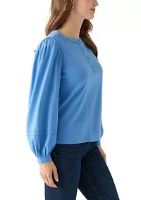 Women's Long Sleeve Pintuck Henley Solid Blouse