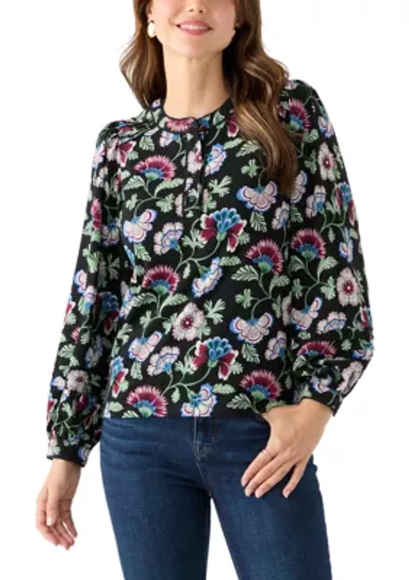 Women's Long Sleeve Pintuck Henley Print Blouse
