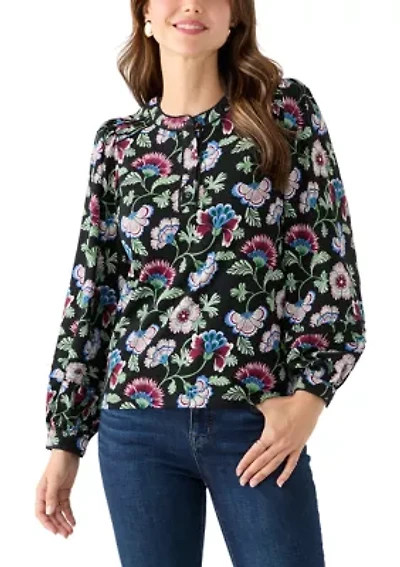 Women's Long Sleeve Pintuck Henley Print Blouse