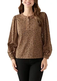 Women's Long Sleeve Pintuck Henley Print Blouse