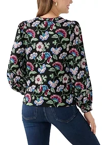 Women's Long Sleeve Pintuck Henley Print Blouse