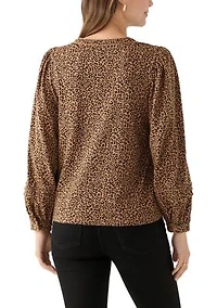 Women's Long Sleeve Pintuck Henley Print Blouse