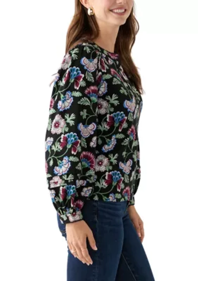 Women's Long Sleeve Pintuck Henley Print Blouse