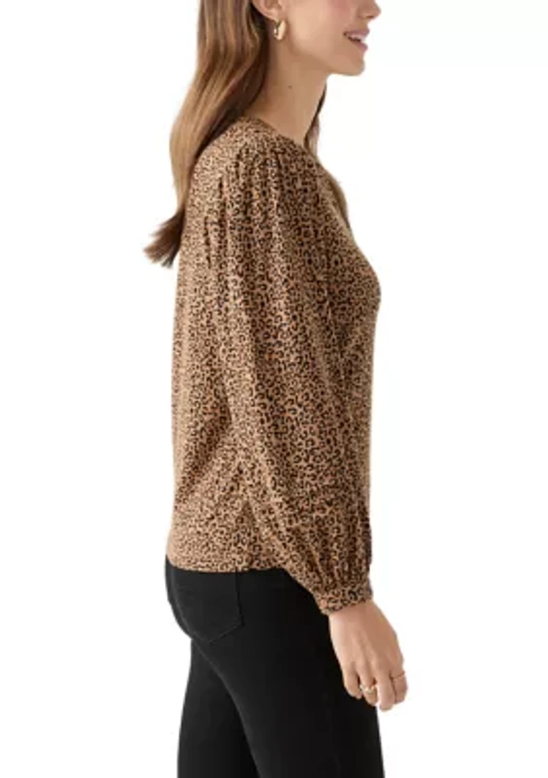 Women's Long Sleeve Pintuck Henley Print Blouse