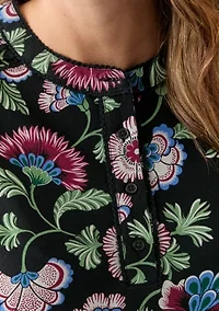 Women's Long Sleeve Pintuck Henley Print Blouse