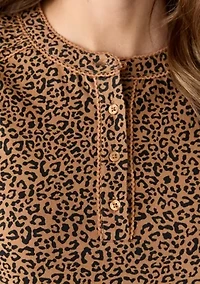 Women's Long Sleeve Pintuck Henley Print Blouse