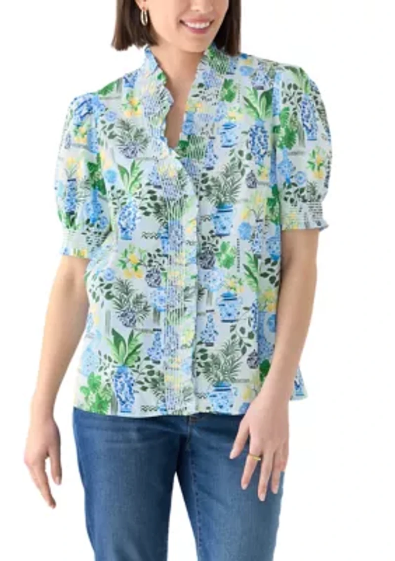 Women's Smock Neck Ruffle Printed Blouse