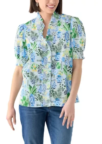 Women's Smock Neck Ruffle Printed Blouse