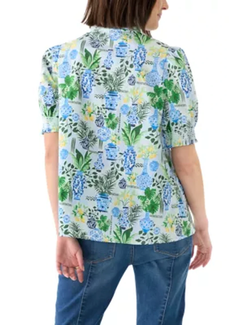 Women's Smock Neck Ruffle Printed Blouse