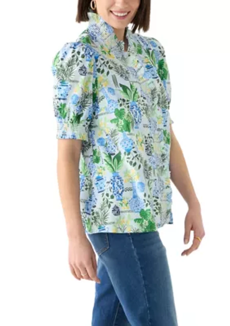 Women's Smock Neck Ruffle Printed Blouse