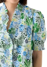Women's Smock Neck Ruffle Printed Blouse