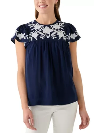 Women's Short Flutter Sleeve Embroidered Top