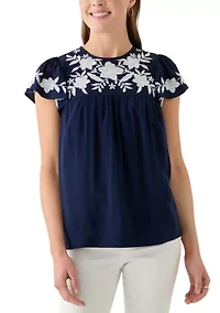 Women's Short Flutter Sleeve Embroidered Top