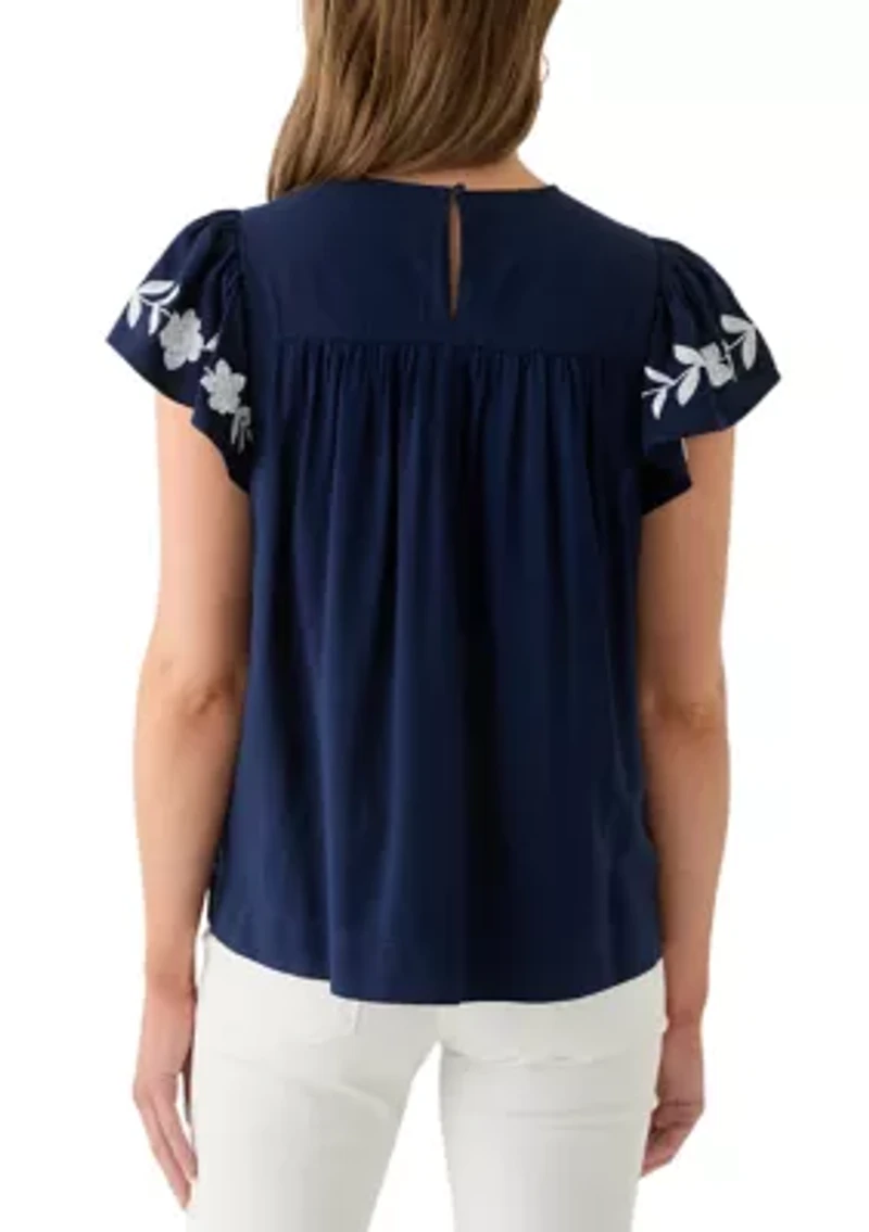 Women's Short Flutter Sleeve Embroidered Top
