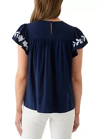 Women's Short Flutter Sleeve Embroidered Top