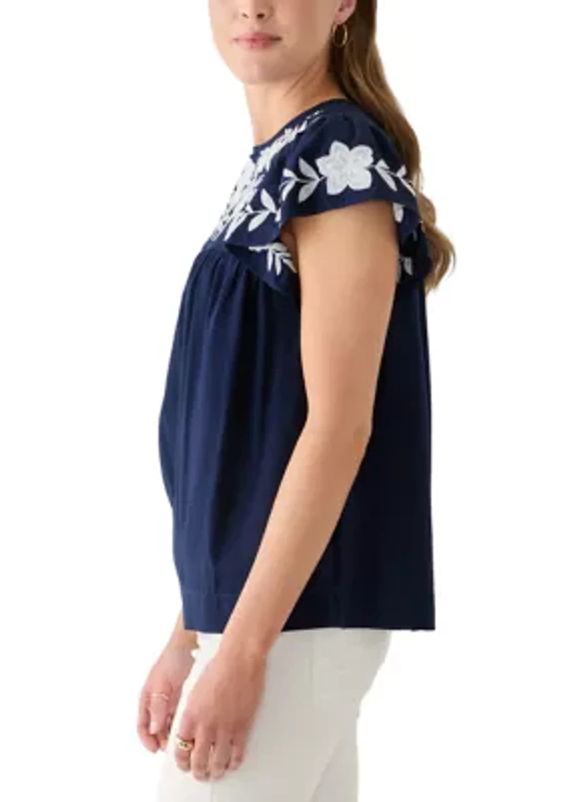 Women's Short Flutter Sleeve Embroidered Top