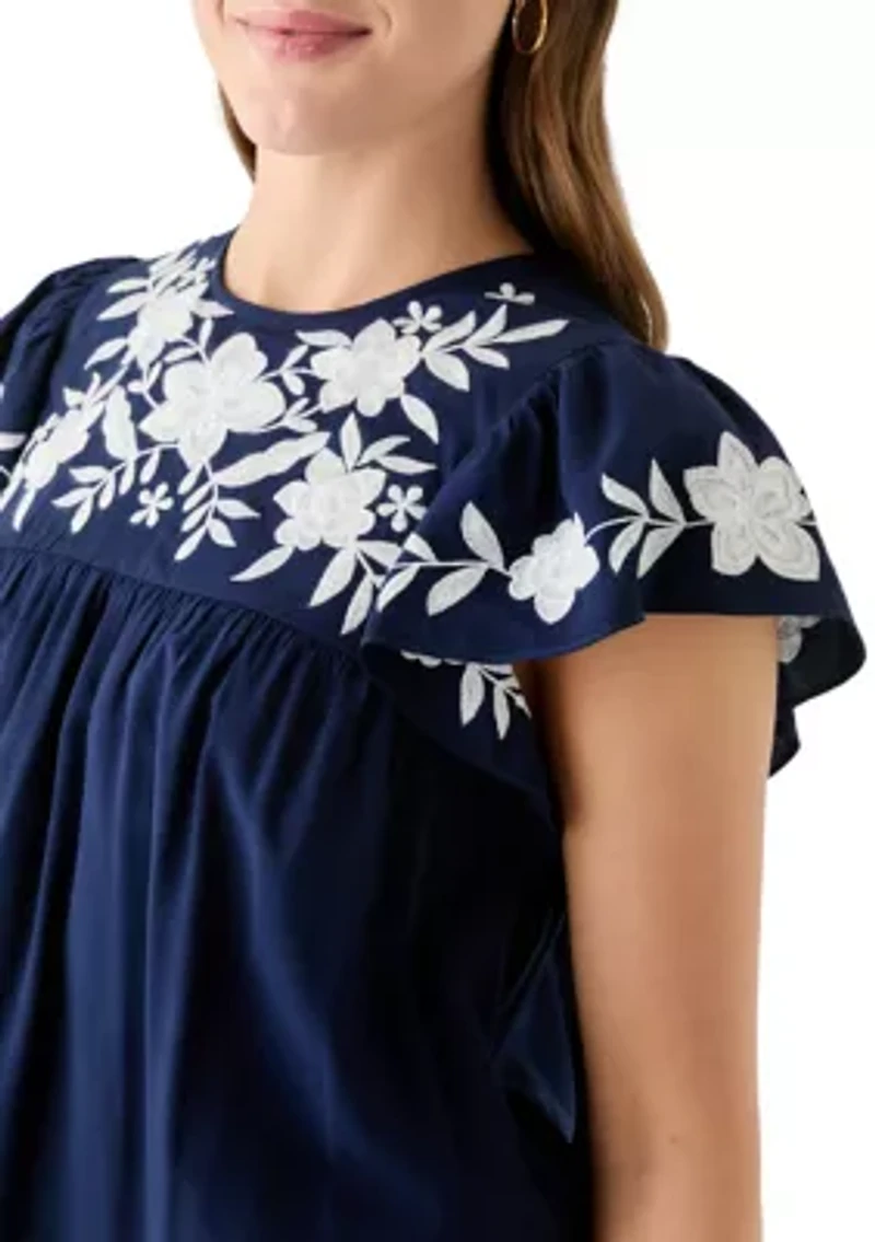Women's Short Flutter Sleeve Embroidered Top