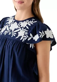 Women's Short Flutter Sleeve Embroidered Top