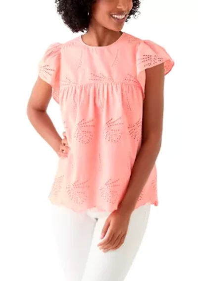 Women's Short Flutter Sleeve Embroidered Eyelet Top