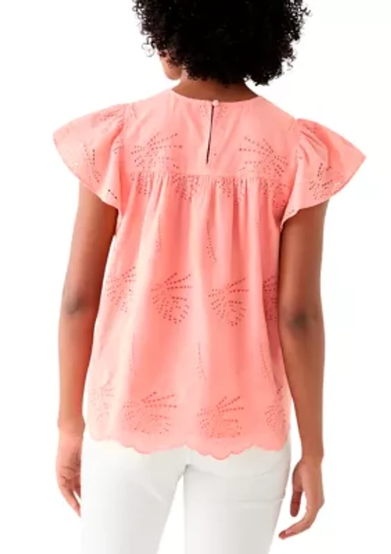 Women's Short Flutter Sleeve Embroidered Eyelet Top