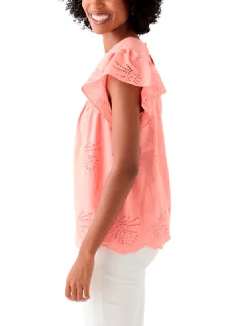 Women's Short Flutter Sleeve Embroidered Eyelet Top