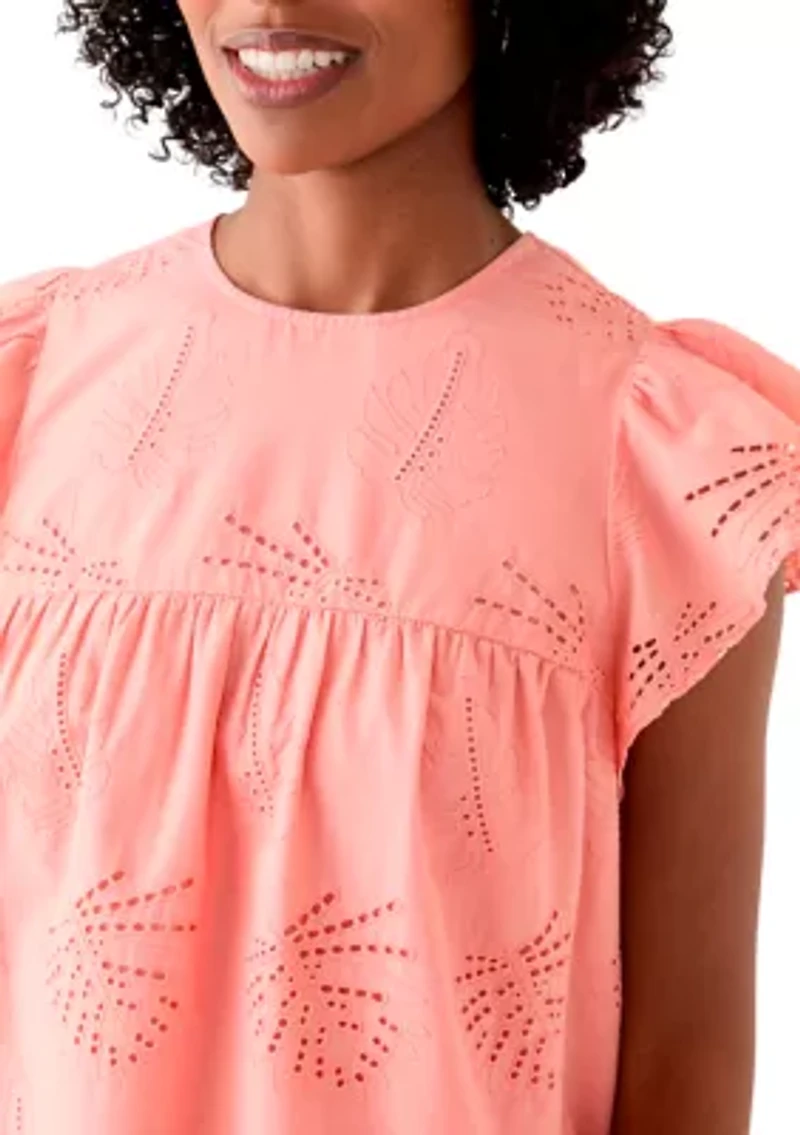 Women's Short Flutter Sleeve Embroidered Eyelet Top