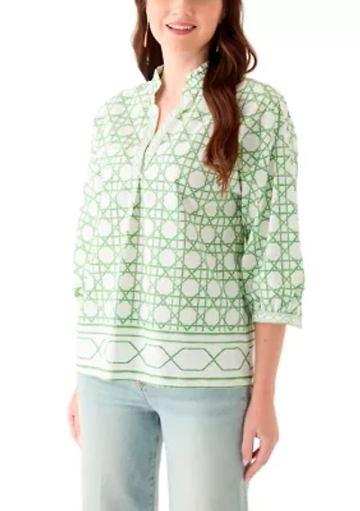 Women's 3/4 Sleeve Ruffle Neck Printed Blouse