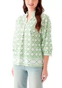 Women's 3/4 Sleeve Ruffle Neck Printed Blouse