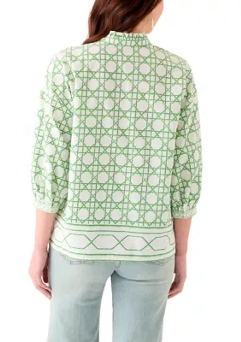 Women's 3/4 Sleeve Ruffle Neck Printed Blouse