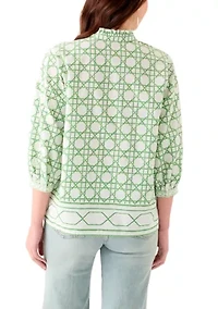 Women's 3/4 Sleeve Ruffle Neck Printed Blouse