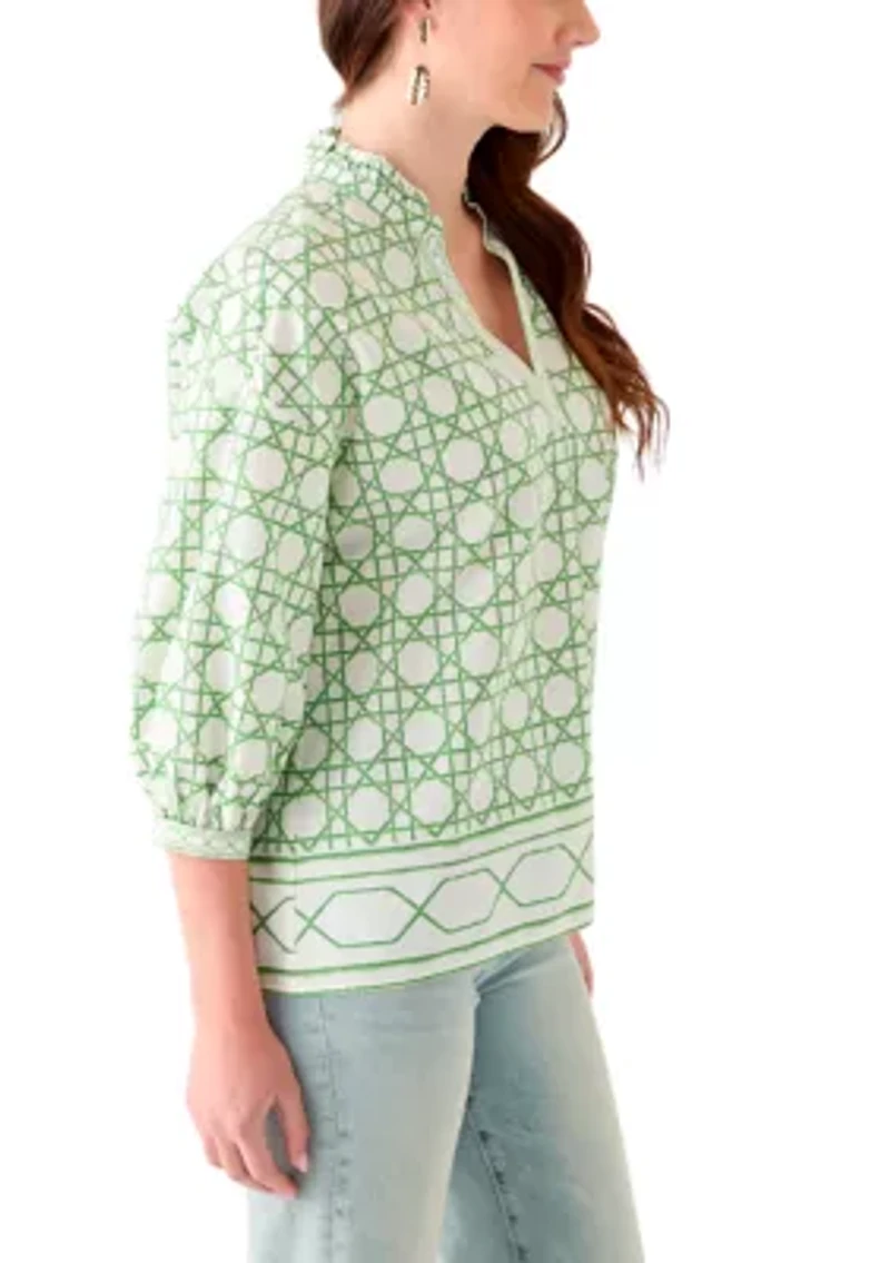 Women's 3/4 Sleeve Ruffle Neck Printed Blouse