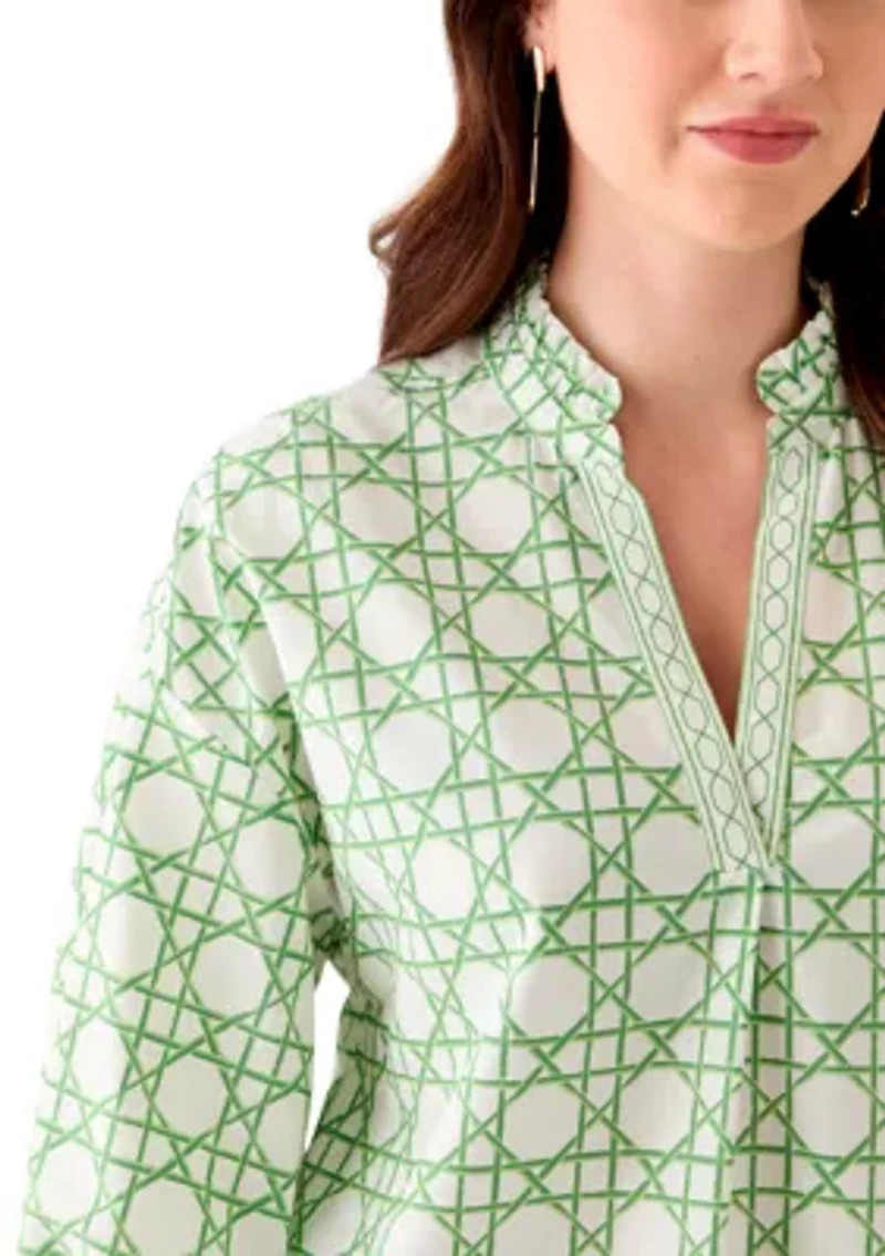 Women's 3/4 Sleeve Ruffle Neck Printed Blouse