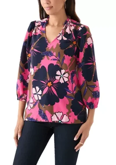 Women's 3/4 Sleeve Shirred Shoulder Printed Peasant Top