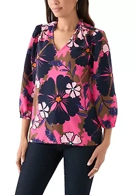 Women's 3/4 Sleeve Shirred Shoulder Printed Peasant Top