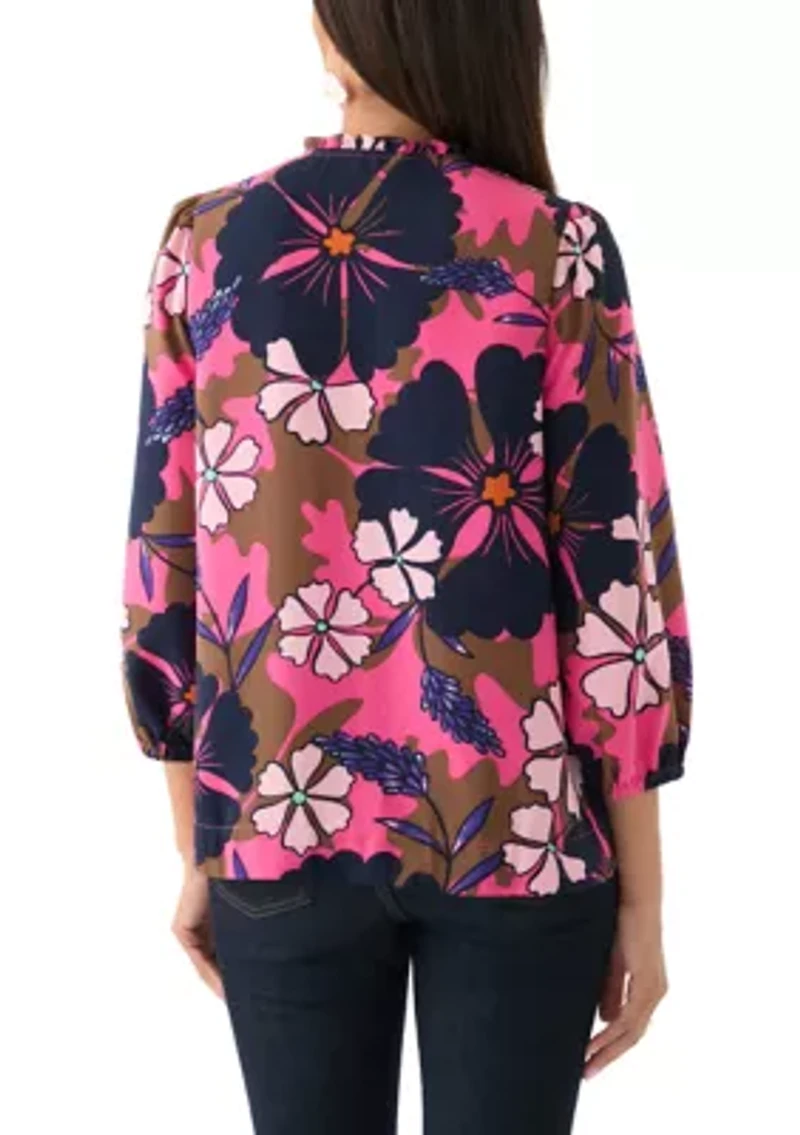 Women's 3/4 Sleeve Shirred Shoulder Printed Peasant Top