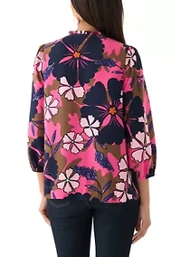 Women's 3/4 Sleeve Shirred Shoulder Printed Peasant Top