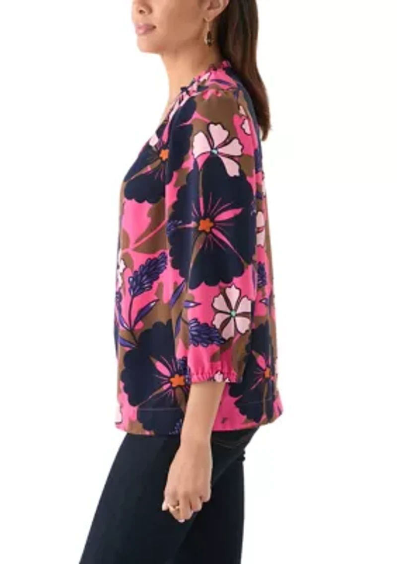Women's 3/4 Sleeve Shirred Shoulder Printed Peasant Top
