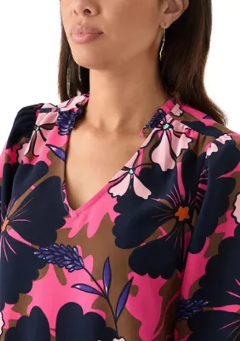 Women's 3/4 Sleeve Shirred Shoulder Printed Peasant Top