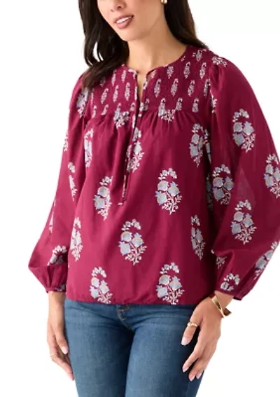 Women's Long Blouson Sleeve Smocked Yoke Peasant Top