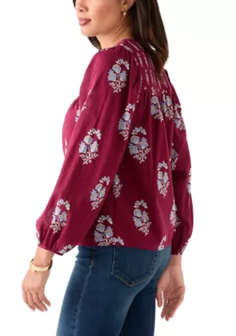 Women's Long Blouson Sleeve Smocked Yoke Peasant Top