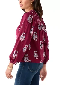 Women's Long Blouson Sleeve Smocked Yoke Peasant Top